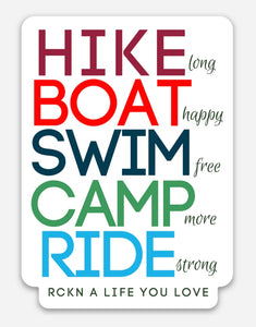 Hike Boat Swim Camp Ride - Waterproof Vinyl Sticker - Colorful